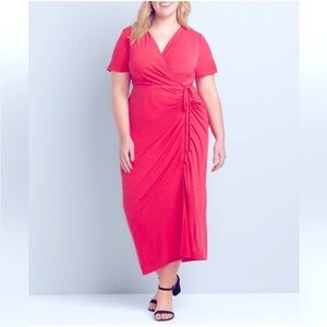 Lane Bryant Vibrant Pink Midi Dress ruched side sz 22/24 stretchy vneck